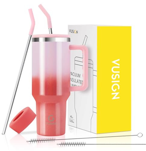 VUSIGN 40 oz Tumbler with Handle and Straw Lid, Stainless Steel Vacuum Insulated Tumbler Travel Mug Water Bottle Cup for Water Iced Tea Coffee Smoothie Car, Flamingo