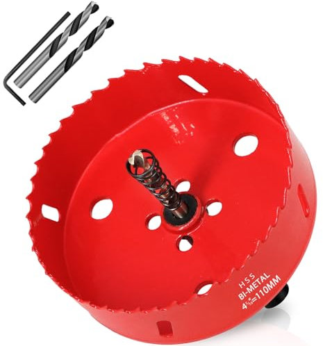 KACNON Seghe a Tazza Bi-Metallica 110 mm, M42 HSS Sega A Tazza Trapano, con Adattatore Esagonale e Punta di Centraggio, per Forare Plastica, PVC, Legno, Fibra di Legno, Metallo Dolce, Rosso