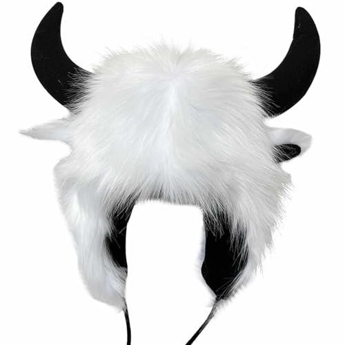 TDEOK Bonnet de buffle avec cornes, cache-oreilles en fourrure, bonnet d'hiver, visage de buffle, cache-oreilles moelleux, bonnet cache-oreilles pour homme, Blanc., taille unique