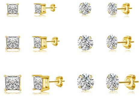 PABBEU 6 Paar Ohrstecker Gold Hypoallergen Ohrringe Gold 5A+ Zirkonia Klein 14K Gold Ohrringe Zierlicher Knorpel Goldene Ohrringe Damen Mädchen Set