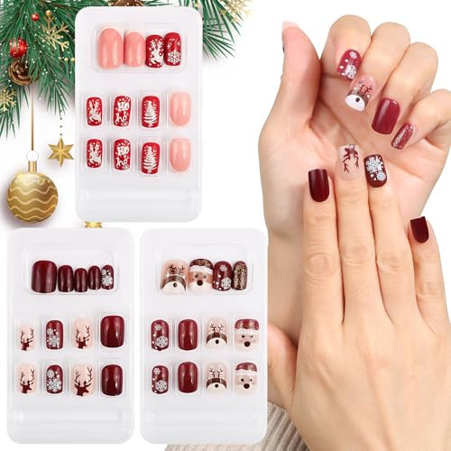 BOFUNX 72 Stücke Weihnachten Nägel Zum Aufkleben Kurz Rot Künstliche Nägel Schneeflocke Weihnachtsmann Rentier Weihnachtsbaum Falsche Nägel Festival Fake Nails für Frauen und Mädchen