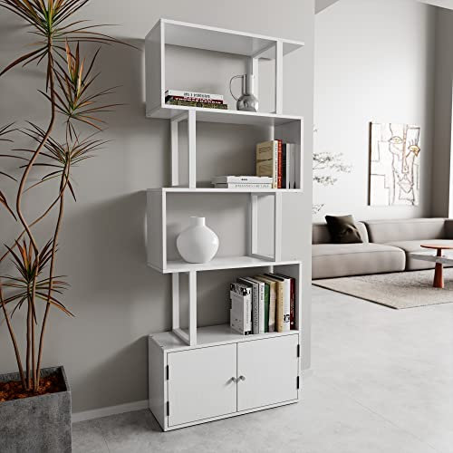 PADMA HOUSE Bücherregal Regalen Freistehende Leiter Ecke Bücherregal Moderner Minimalistischer Stil Mehrzwecklagerregal für Wohnzimmer Schlafzimmer Flur Büro (Elfenbein Weiß, 70 L x 25 W x 174,5 H)