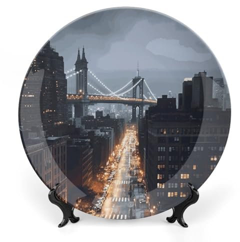FZQVSGW Assiettes décoratives en céramique New York City avec présentoir - Assiettes en céramique personnalisées pour décoration d'intérieur - 25,4 cm