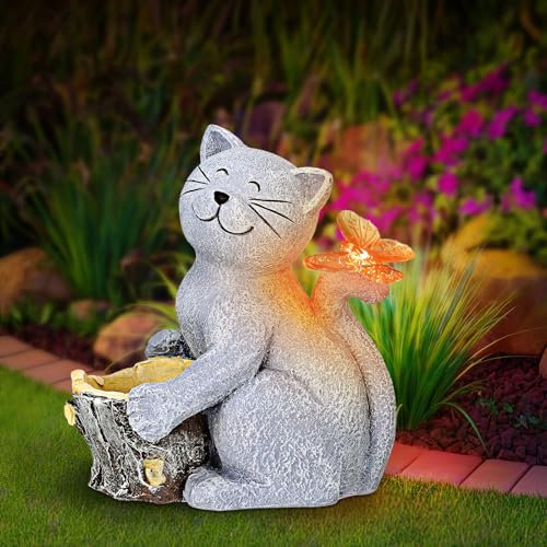 Strixorn Solar Cat Garden Ornament with Butterfly, Cat Statue Outdoor, LED Light and Waterproof Resin Decor for Patio, Lawn Pathway