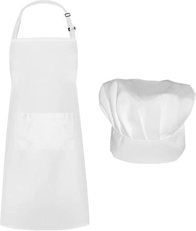 MAYOKIAAR Weiße Kochschürze Set mit Kochmütze, Verstellbare Unisex Latzschürze, Wasserdichte Küchenschürze, Perfekt für Kochen, Backen und Grillen
