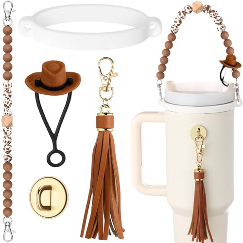 Skylety 5 Pcs Cowboy Hat Silicone Cup Accessory Set Compatible with Stanley Cups Includes Cow Hat Straw Cover Beaded Bottle Strap Leather Tassel Charm Rubber Cup Ring for 8-40 oz Tumbler (Brown)