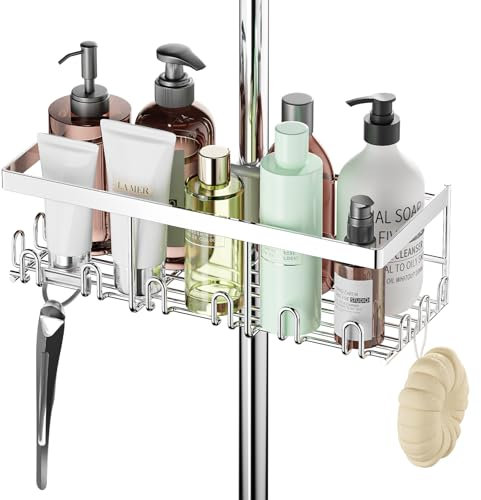 HouseUp Duschablage Ohne Bohren (NUR für RUNDE Stangen 18mm-25mm), Duschstangen-aufbewahrungsregal Shampoo Halterung für Dusche, Badezimmer Organizer Duschregal (Silber)