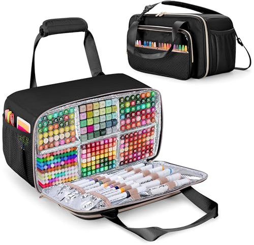 Prokva Marker Organizer Case für bis zu 216 Marker, Reise Marker Aufbewahrungstasche, Tragbare Marker-Haltertasche mit Schultergurt, Wasserabweisendes Futter für Einfaches Abwischen, Schwarz
