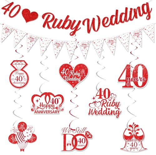 Funmemoir 40th Wedding Anniversary Decorations - 40th Ruby Wedding Banner with Double-sided Hanging Swirls, Triangle Flag Banner for Happy Cheer to 40th Anniversary Party Supplies
