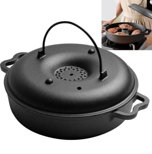 HEIBTENY Gusseisenbräter mit Deckel, dicker Gusseisen-Grill, gebackene Süßkartoffel-Topf, geeignet zum Kochen, Backen und Grillen im Freien