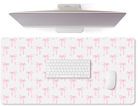 Fanfanwin Large Pink Bows Mouse Pads Coquette Kawaii Mouse Pad 31.5 x 15.75 Inches White Preppy Trendy Computer Desk Mat for Laptop with Non-Slip Rubber Base Mat Office Accessories Decor for Women