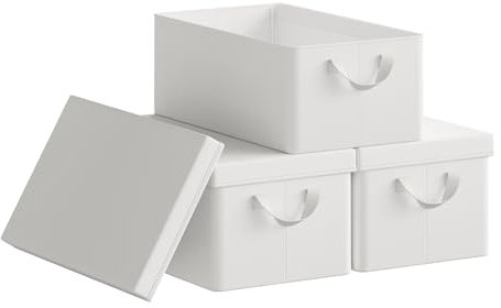 WOLTU Aufbewahrungsbox mit Deckel 3 Stück, aus Polyesterstoff, für Schlafzimmer, Arbeitszimmer, Wohnzimmer, Organizer Box mit Griffen, für Kleidung Spielzeug, faltbar, Weiß, 48x20x29 cm