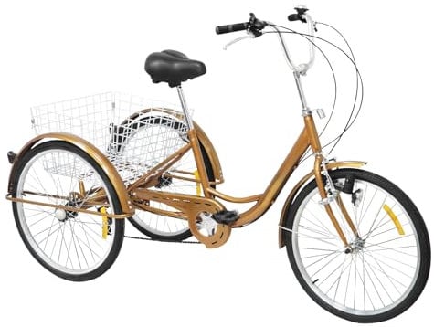 FortyFor 3 Räder Fahrrad, 24 Einstellbare Höhe 6 Geschwindigkeiten Dreirad mit Korb und Manuelle Klingel Gold Tricycle für Erwachsene Senioren ältere Menschen, Mädchen, Jungen, Herren und Damen