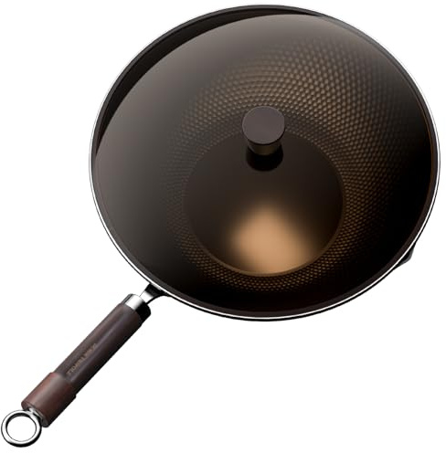 Armorbear Wok en acier au carbone - Tripolaire - Fond plat pré-assaisonné - Antiadhésif - Avec couvercle en verre - Pour toutes les cuisinières - Cadeau pour chef professionnel - 30 cm