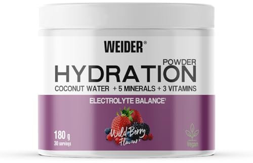 Weider Hydration Powder (180g) Sabor frutas del bosque, Polvo para Bebida Instantánea con Agua de Coco, 5 Minerales, 3 Vitaminas y Taurina, para el Equilibrio Electrólito, Vegano, Sin Azúcar Añadido
