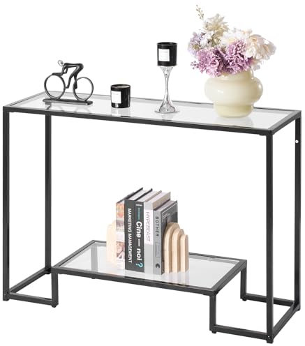 VEVOR Table Console en Verre 2 Niveaux, Table d'Appoint Rectangulaire Moderne, Bout de Canapé avec Plateau en Verre Trempé, Pieds en Fer et Dispositif Anti-basculement, Entrée Salon Couloir, Noir
