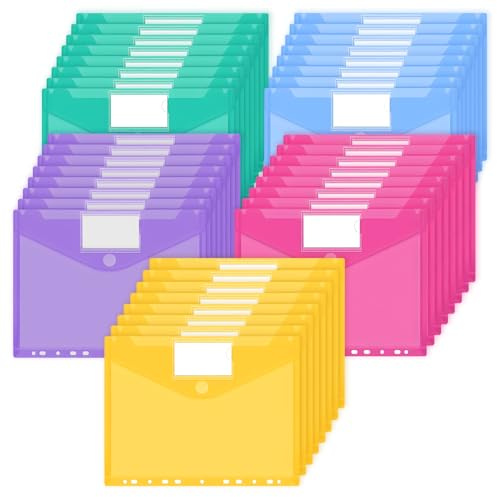 JEFURE A4 Dokumententasche, mit Klettverschluss, 40 Stück, 5 Farben | Durchsichtige Dokumentenmappe, Wasserabweisend, 11-Loch, Etikettentasche, für Dokumente Organisation, Büro und Schule