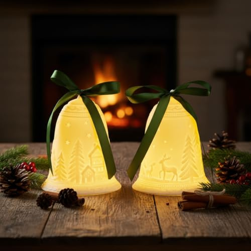 levandeo 2er Set LED Glocke Weiß H14cm Porzellan Tischdeko Winterwald Weihnachtsdeko Dekoleuchte