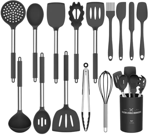 Küchenutensilien-Set, 15-teilig Silikon Küchenhelfer Set, Antihaft Hitzebeständiger Kochutensilien Kochgeschirr mit Utensilienhalter, Edelstahl Griff, Spülmaschinengeeignet (Schwarz)