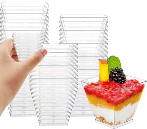 BAVATEE 100-Pack Återanvändbar åTeranväNdbara 60 Ml Dessertkoppar med, LäMpliga föR Puddingar, Mousser, Glass etc. Fyrkantig Design, Perfekt föR FöDelsedagsfester (Transparent)
