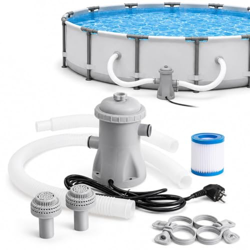 Pompe Filtre Piscine Hors Sol 330 GPH avec Filtre à Cartouche Électrique, Épurateur à Cartouche Silencieux Avec Tuyaux Et Filtre De Rechange, Kit Complet de Pompe Gonflable Pour Petites Piscines