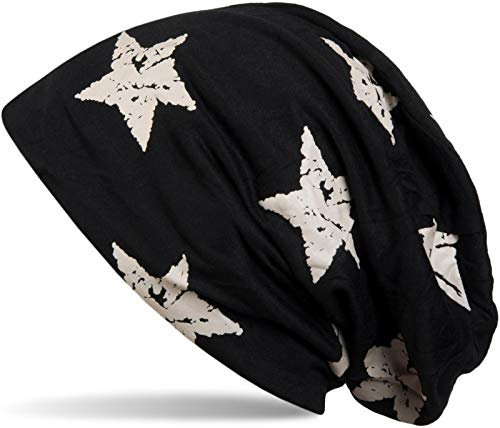 styleBREAKER Unisex Stoff Beanie Mütze mit Sterne Print im Destroyed Vintage Look, Longbeanie 04024041, Farbe:Schwarz