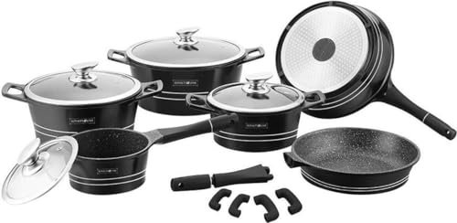 ROYALTY LINE Batterie de cuisine 14 pieces - Revetement marbre - Noir