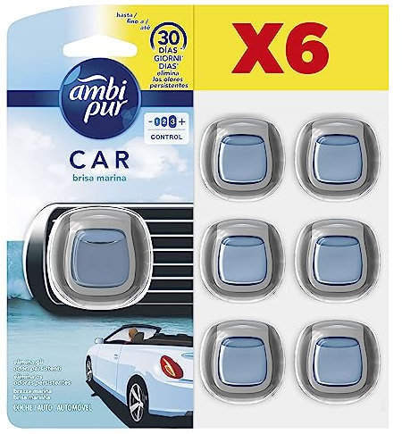Ambipur Car Ambientador Coche, Difusor (6 x 2ml), Elimina y Previene los Malos Olores, Fragancia Brisa Marina, Mega Pack