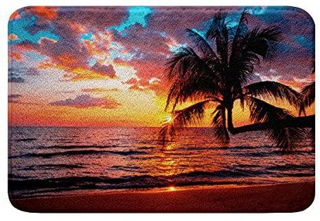 Ozean Strand Badezimmerteppich Hawaiian Strand Palme Badvorleger Saugfähige Badezimmer Badteppiche Dekor Tropisch Meer Sonnenuntergang Schlafzimmer Maschine Waschbar rutschfest Badematte 50x80cm