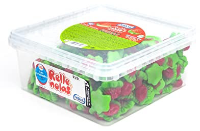 Vidal Golosinas. Rellenolas. Fresas de chuche rellenas de increíble sabor a fresa. Color rojo y verde. Sin Gluten. Sin Grasa. Bandeja de 150 unidades.