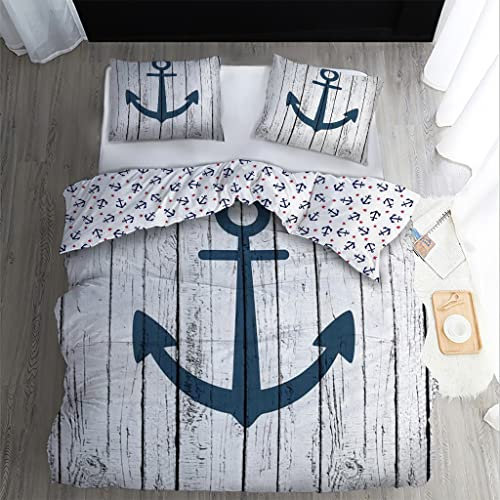 WQIZXCW Bettwäsche 135x200 2er Set, Anker Wendebettwäsche - 110gsm Weiche Microfaser, Maritim Bettbezug mit Reißverschluss und 1 Kissenbezug 80x80 cm