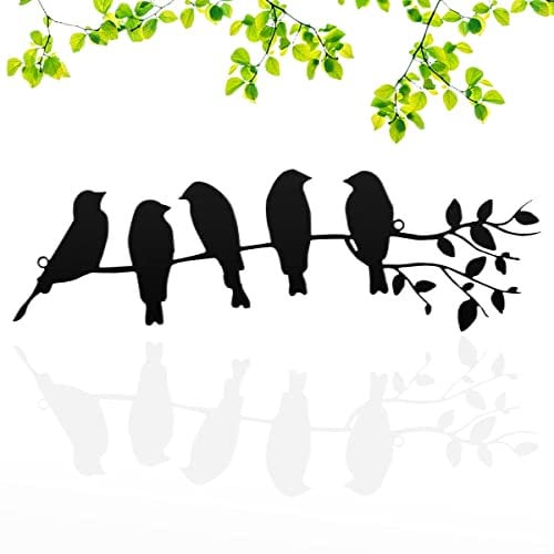 Luccyle Metall-Vögel-Wandkunst,hängende Blätter mit Vögeln,Metall Vogel 3D Wanddeko Deko Metall Ornament Zweig Wand hängende Zeichen für Balkon Indoor Outdoor Dekoration(1)