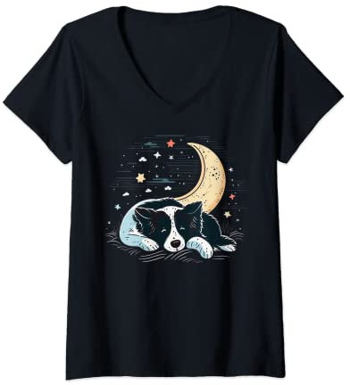 Damen Napping Border Collie Pyjama auf Border Collie Sleeping T-Shirt mit V-Ausschnitt