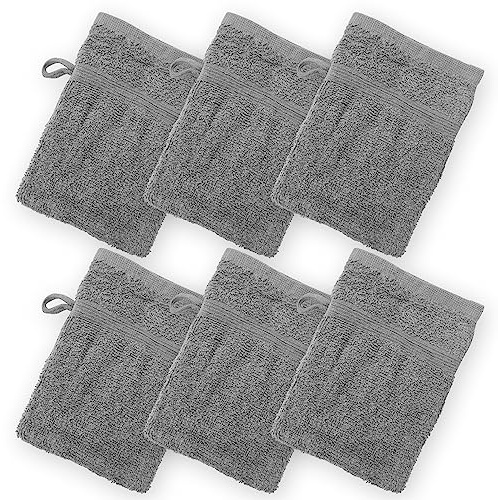 Homewear High Rise Stripe 6 Pack 6 x 8.5 Wash Mitt Set, Low Twist, Highly Absorbent, Gentle Hand and Face Cloth, European Style with Loop, Grey
