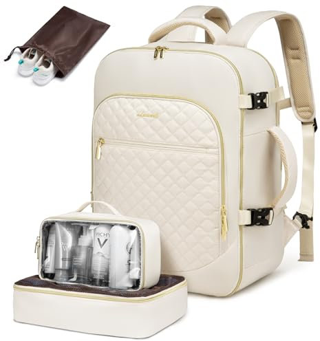 LOVEVOOK Travel Backpack for Women Cabin Size, 40L Carry On Backpacks for Airplanes, Large Travel Rucksack, Flight Approved Hand Luggage Bag, Water-Resistant fit 17.3inch Laptop, Beige
