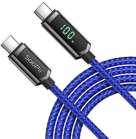 SOOPII 100W USB C to USB C Cable, 4FT Nylon Braided Type-C Cable with LED Display for lPhone 15/15 Plus, MacBook Pro, Galaxy S22/S10, Pixel, LG (Blue)