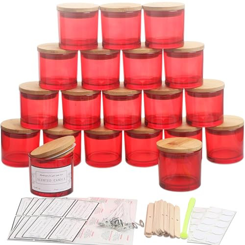 MILIVIXAY Lot de 20 petits pots à bougies vides en verre rouge de 113,4 g avec couvercles et kits de fabrication de bougies – Petits pots à bougies vides pour la fabrication de bougies – Récipients à