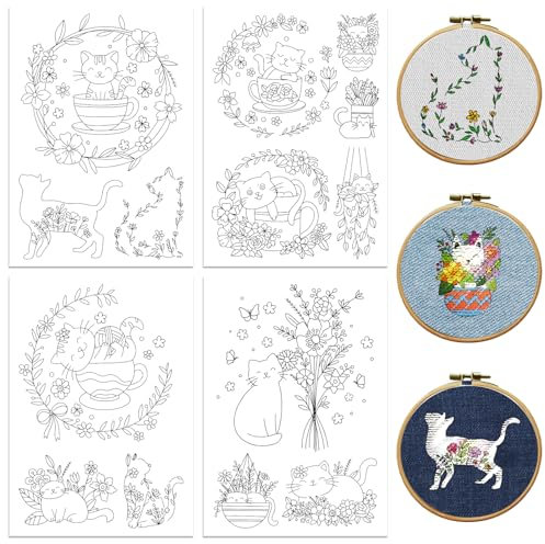 peacoblue Stickvorlagen Wasserlöslich für Anfänger 4 Sheet Niedliche Katze mit Blume with 14pcs Muster, Wash Away Stick and Stitch Auflösbares Stickereipapier für Handnähbegeisterte Frauen Erwachsene