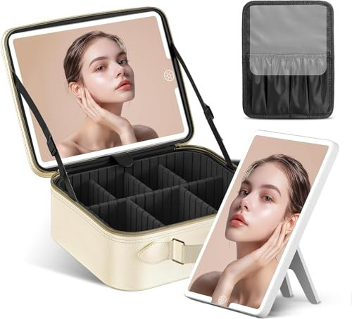 JUSRON Make-up Tasche mit Spiegel-3 Farben LED Licht, Reise Kosmetiktasche mit LED Spiegel, Tragbare Schminktasche mit Verstellbaren Trennwänden(Weiß)