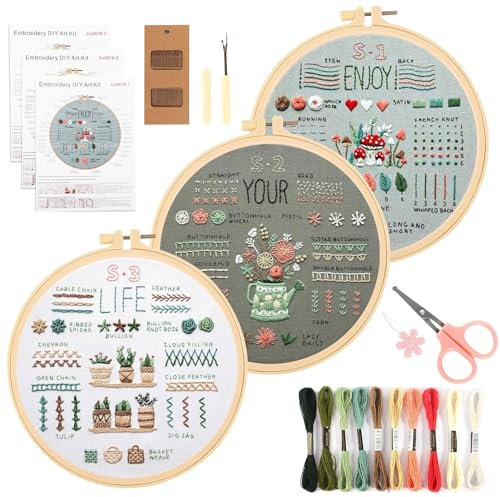 XHYASD 3 Sets Stickset für Anfänger, Blumenmuster Pflanzen Stickset mit Kunststoff-Stickrahmen Farbfäden und Werkzeuge, für DIY Kunst Handwerk Sticken (1)