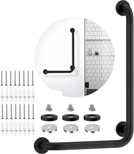 Matte Black Angled Grab Bar 16x24 Inch, iHansee Bathroom Safety Bar w/Anti-Slip Knurled Grip, Wall Mount L Shaped Shower Handle for Elderly Senior Handicap, Toilet Bathtub Balance Support Handrail