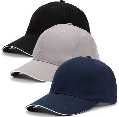 Dzpuhuojz Baseball Caps für Herren und Damen, 3 Stück Verstellbare Baseballkappen, Mützen aus Vollbaumwolle Kappe mit Weißem Rand für Golf, Laufen, Outdoor-Sport, Blau+Grau+Schwarz