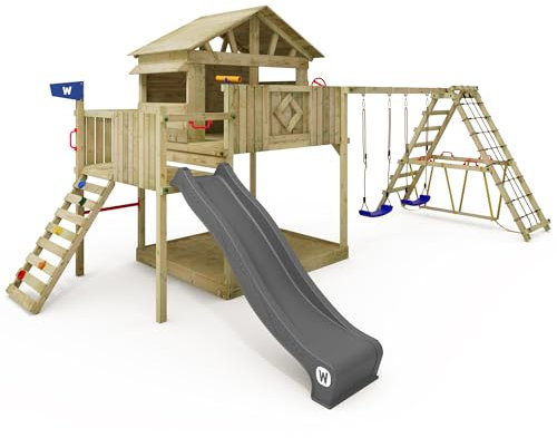 WICKEY Spielturm Klettergerüst Smart Fjord mit Schaukel & Rutsche, Outdoor Kinder Kletterturm mit Sandkasten, Leiter & Spiel-Zubehör für den Garten (Anthrazit)