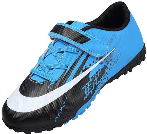 Dhinash Boys Football Boots Kids Astro Turf Trainers Football Shoes Girls Soccer Shoes Teenager Indoor Outdoor Athletics Training Sport Sneakers Unisex Black Blue 3.5UK