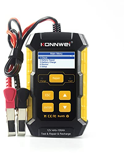KONNWEI KW510 12V Autobatterietester 100-2000 CCA,mit Ladung & Reparaturfunktion – Kompakter 3-in-1 Diagnosegerät für Autos, Motorräder, Boote,8 Sprache, Reverse Polschutz