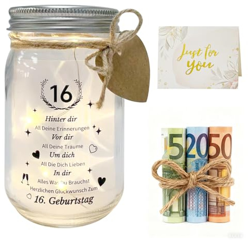 LED Leuchtflasche 16. Geburtstag, Geldgeschenk mit Spruch & Lichterkette