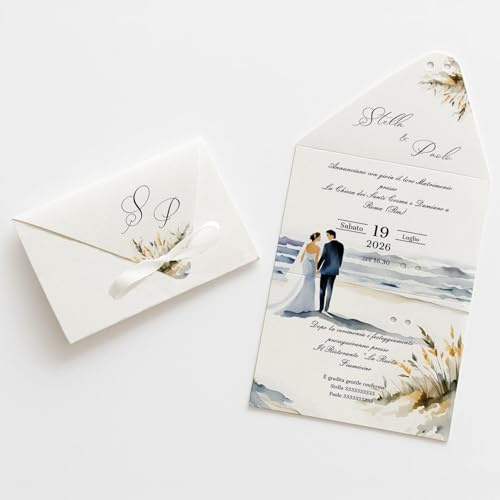 PV Grafik® 15 Partecipazioni Matrimonio Personalizzate, Inviti Matrimonio a Busta, Invito Partecipazione Nozze, Sposi, 15x28 cm Nastrino inclusa, Personalizza invito e scegli la quantità. (M44)