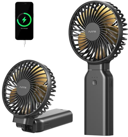 Funme Handventilator 10000mAh, 53H Laufzeit Tragbarer Lüfter mit Powerbank, Ventilator Hand 4 Stufen Großes Flügelrad, 180° Klappbar für Reise Outdoor Camping Büro Tisch - Schwarz