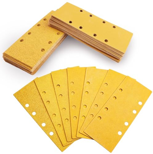 SRunDe 56 Stück 93 x 230mm Schleifpapier Set 40 60 80 120 180 240 320 | 7 Körnung 8 Löcher Schleifblatt 93x230 Schleifblätter Klett Gelbes Schleifpapier für Schwingschleifer Holz Metall Lack