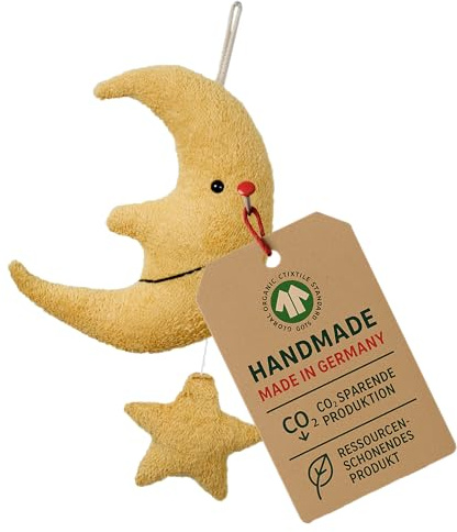 Efie Bio - Spieluhr Mond mit Stern – Bio-Baumwolle (kbA), Made in Germany, GOTS-zertifiziert, nachhaltig Melodie Mozart (Schlafe mein Prinzchen schlaf ein)